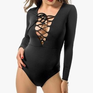Lace-Up Front Long Sleeve V-neck Body Suit (unbranded)